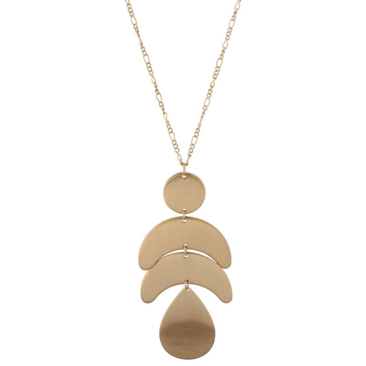 24" Adjustable Necklace with Two Sided, Brushed and Shiny, Gold Circle, Two Gold Crescents, GOld Teardrop
