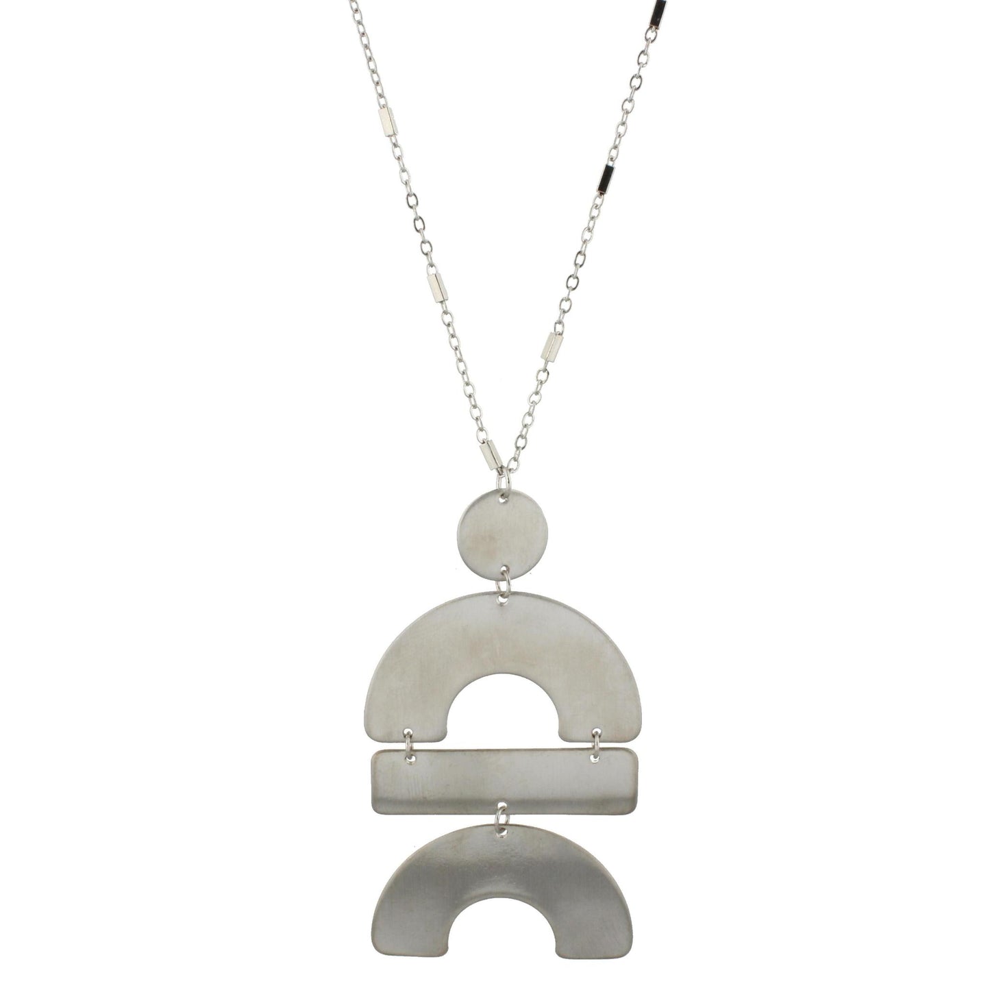 24" Adjustable Necklace with Two Sided, Brushed and Shiny, Silver Half Circle, Rectangle, Half Circle