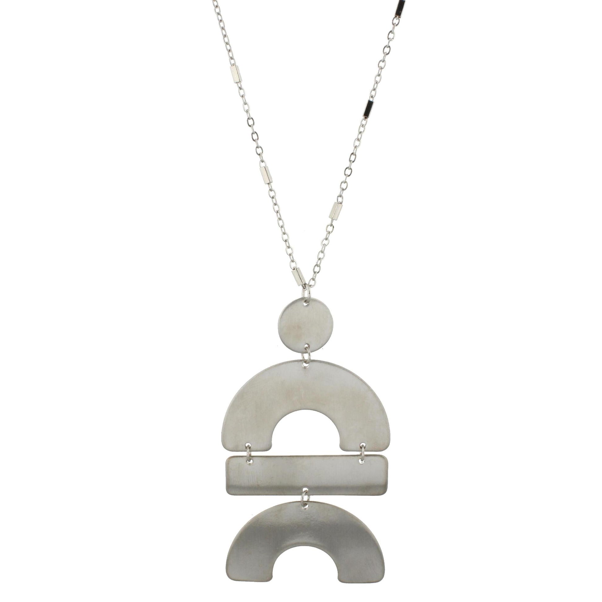 24" Adjustable Necklace with Two Sided, Brushed and Shiny, Silver Half Circle, Rectangle, Half Circle