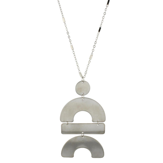 24" Adjustable Necklace with Two Sided, Brushed and Shiny, Silver Half Circle, Rectangle, Half Circle