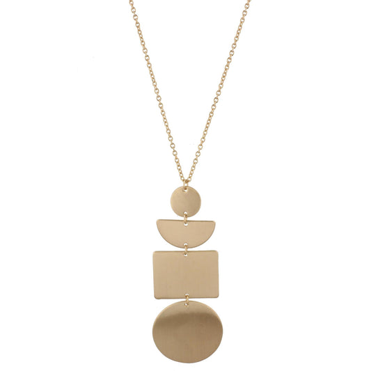 24" Adjustable Necklace with Two Sided, Brushed and Shiny, Gold Half Circle, Square Circle