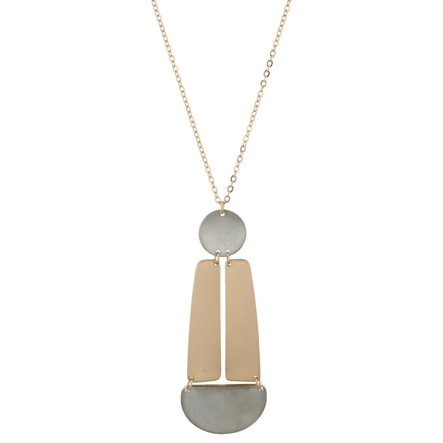 24" Adjustable Necklace with Two Sided, Brushed and Shiny, Silver Circle, Gold Rectangles, Silver Half Circle