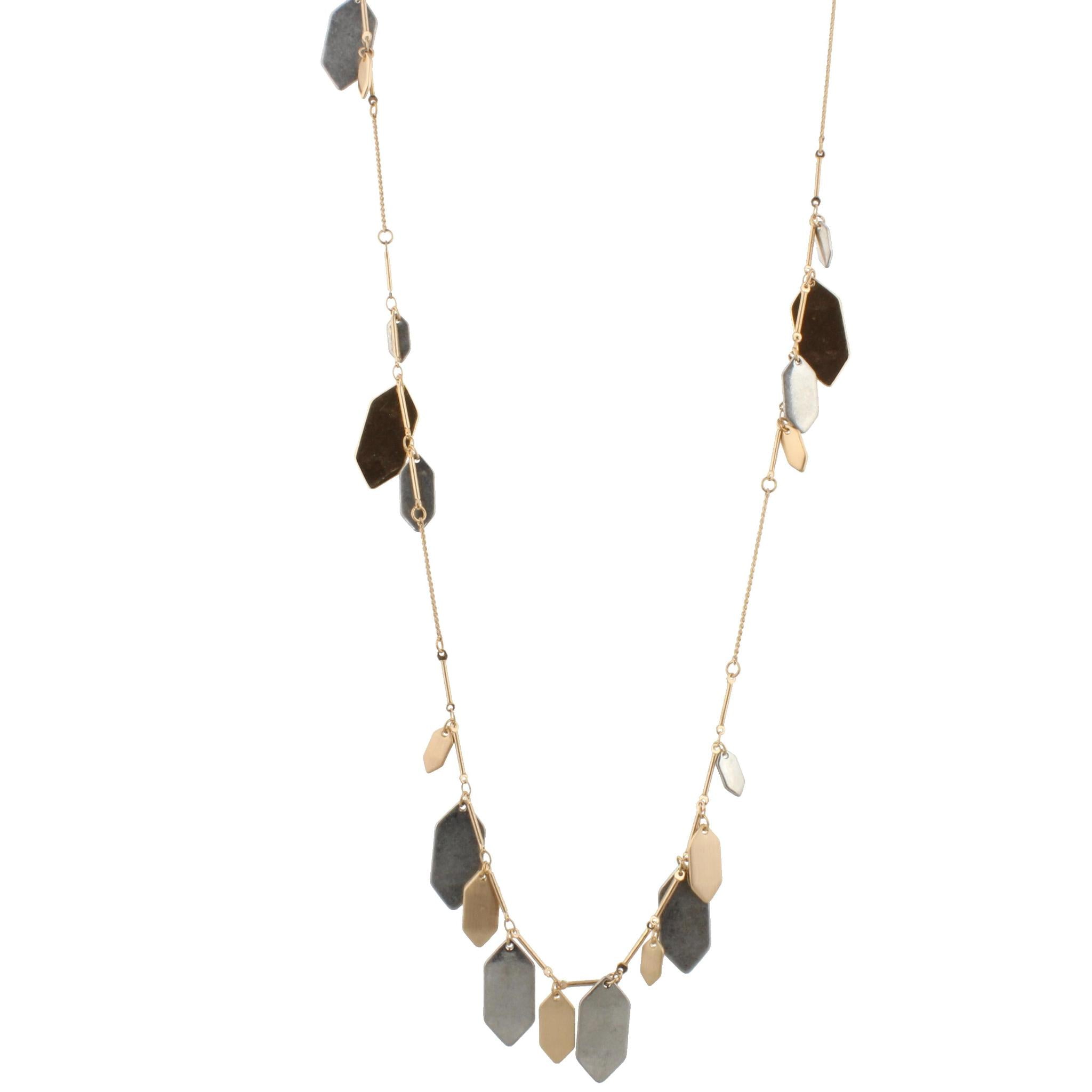 14" Adjustable Gold Chain Necklace with Two Sided, Brushed and Shiny, with 2-Tone Long Hexagon Dangles