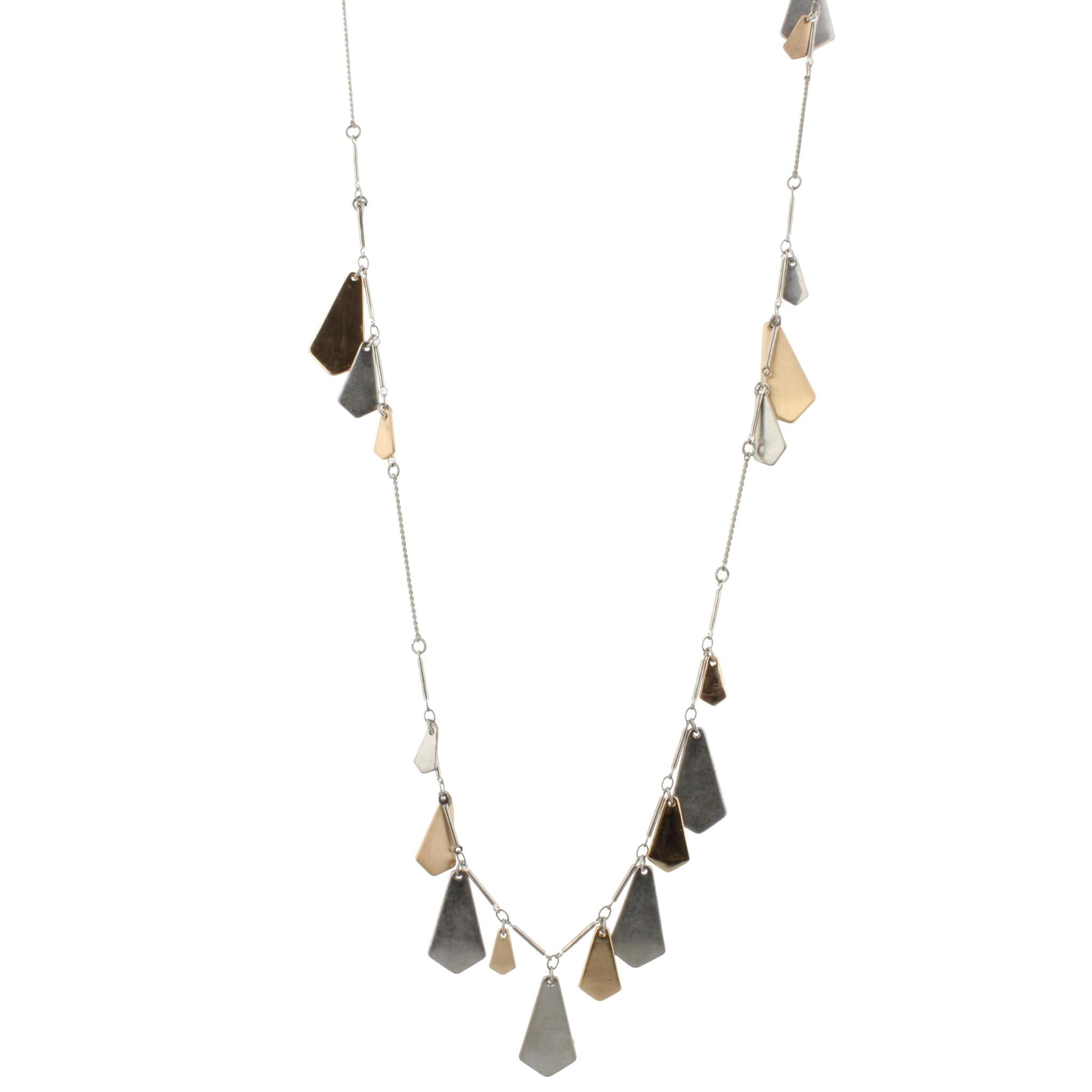 14" Adjustable Silver Chain Necklace with Two Sided, Brushed and Shiny,with 2-Tone Irregular Rhombus Dangles