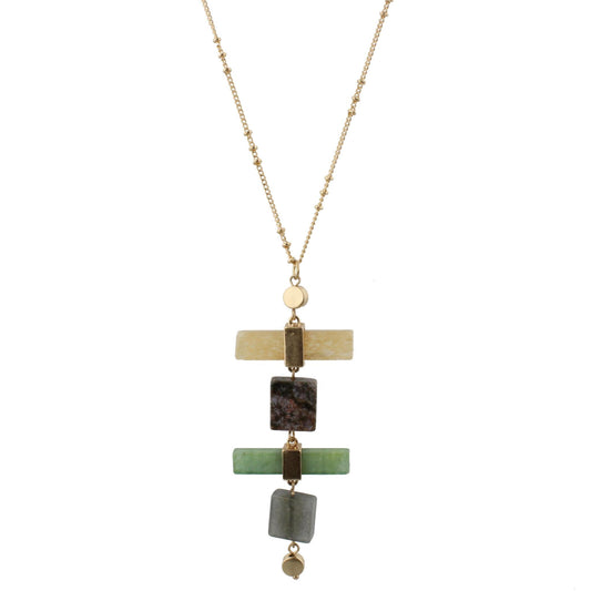 32" Necklace with Stone Stack, Natural, Ocean Jasper, Amazonite, Grey, 3" Ext