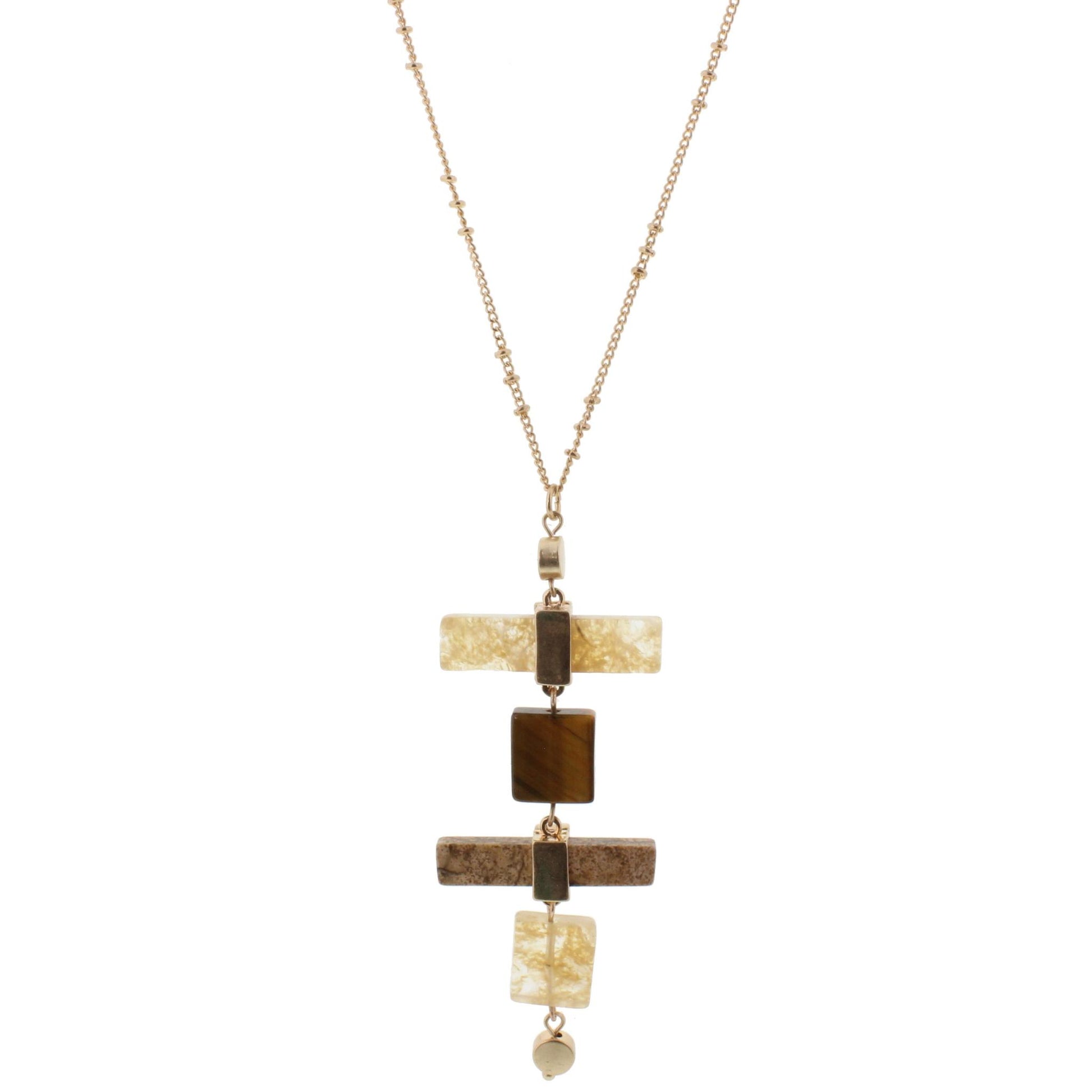 32" Necklace with Stone Stack, Natural, Tigers Eye, Picture Jasper and Natural, 3" Ext