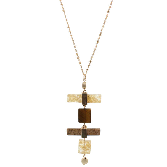 32" Necklace with Stone Stack, Natural, Tigers Eye, Picture Jasper and Natural, 3" Ext