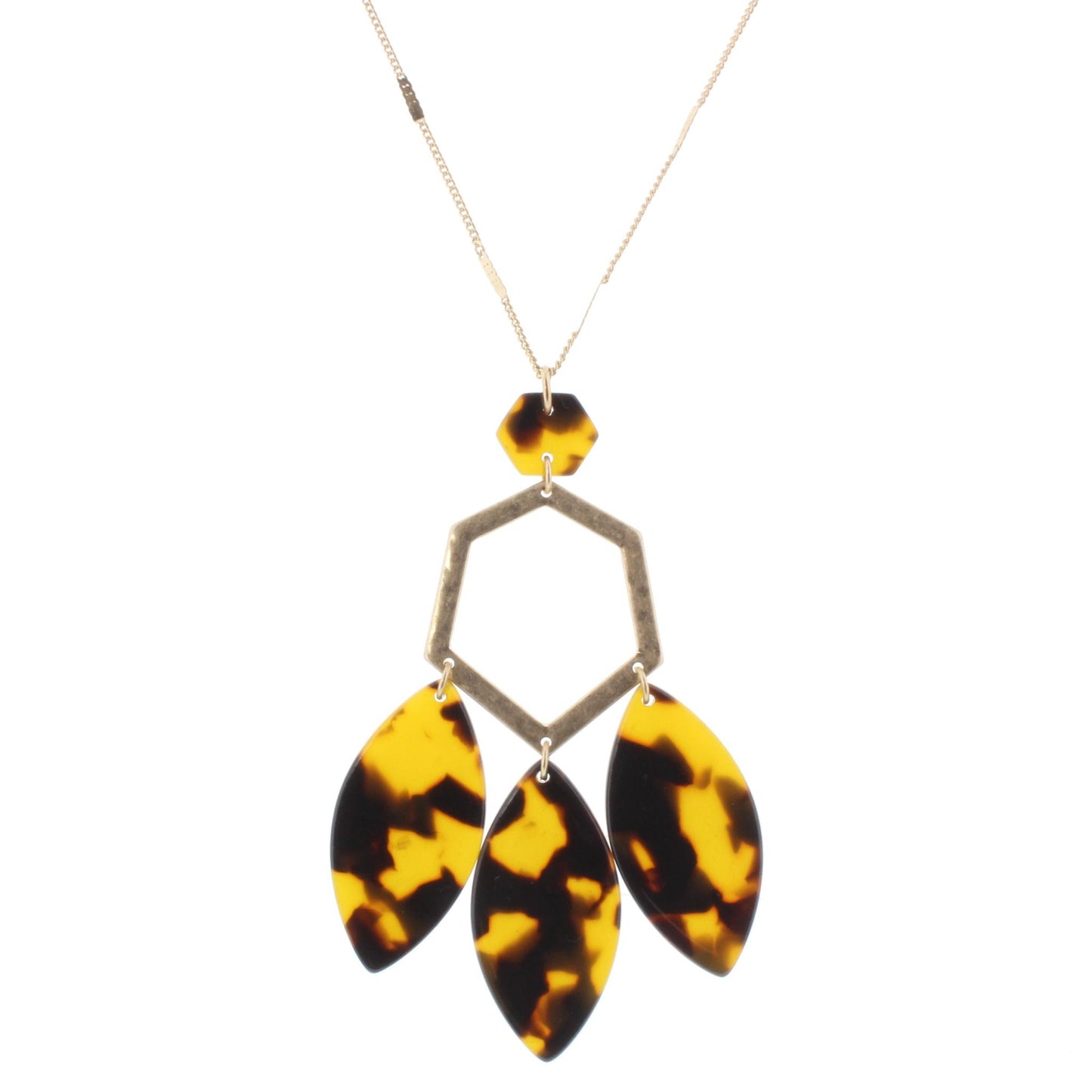 32" Gold Chain Necklace with Gold Hexagon and Leopard Ellipses, 3" Ext