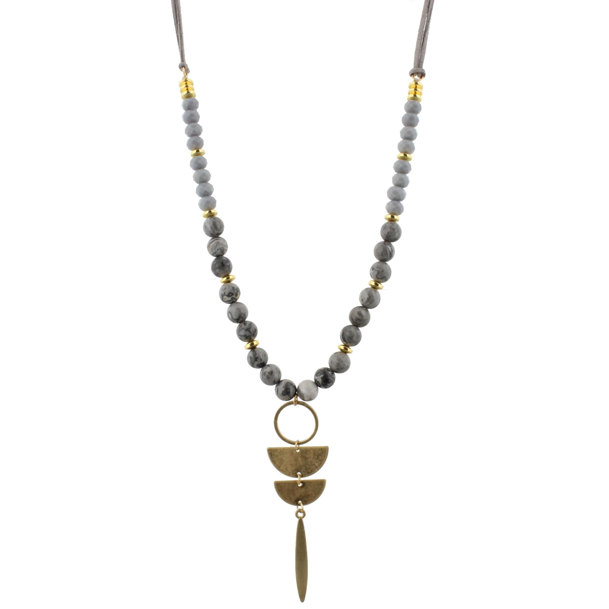 12-30" Adjustable Grey Leather with Grey Map Stone and Grey Beads Necklace with Stacked Geometric