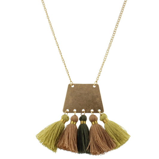 32" Gold Trapazoid Necklace with Pear, Dark Green and Light Brown Tassels, 3" Ext