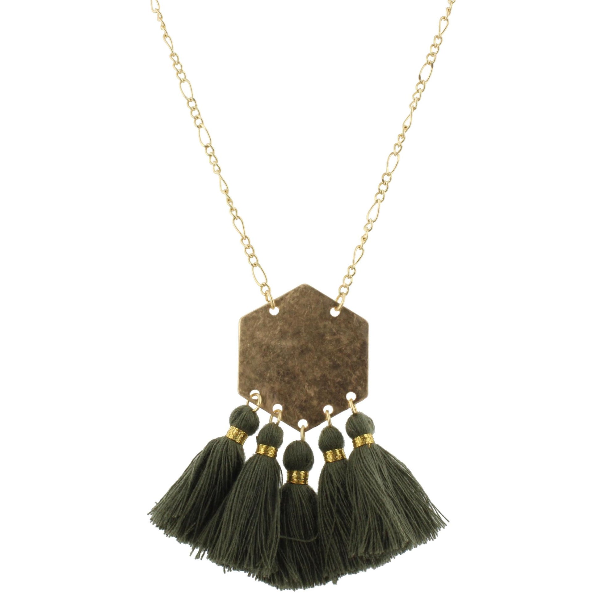 32" Gold Hexagon Necklace with Dark Green Tassels, 3" Ext