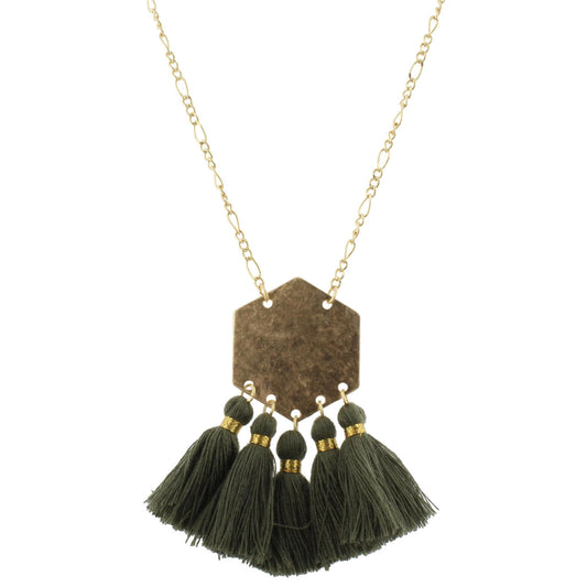 32" Gold Hexagon Necklace with Dark Green Tassels, 3" Ext
