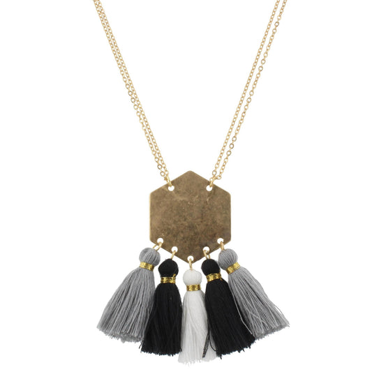 32" Gold Hexagon Necklace with Grey, Jet and White Tassels, 3" Ext