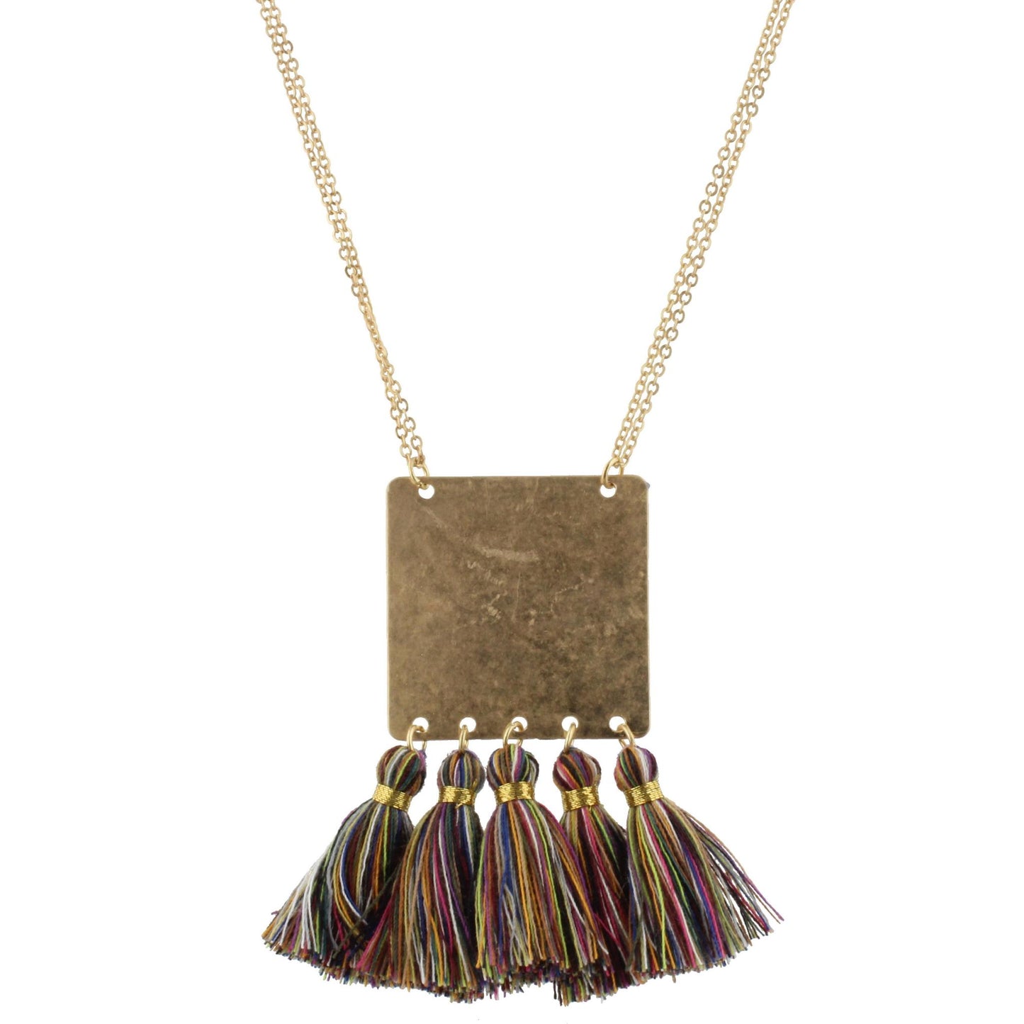 32" Gold Square Necklace with Multi Tassels, 3" Ext