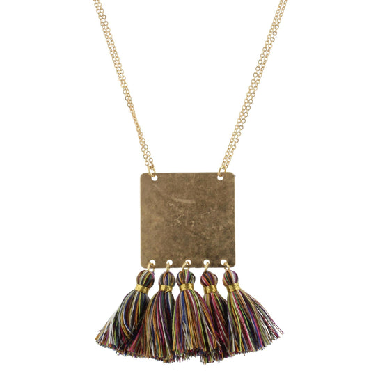 32" Gold Square Necklace with Multi Tassels, 3" Ext