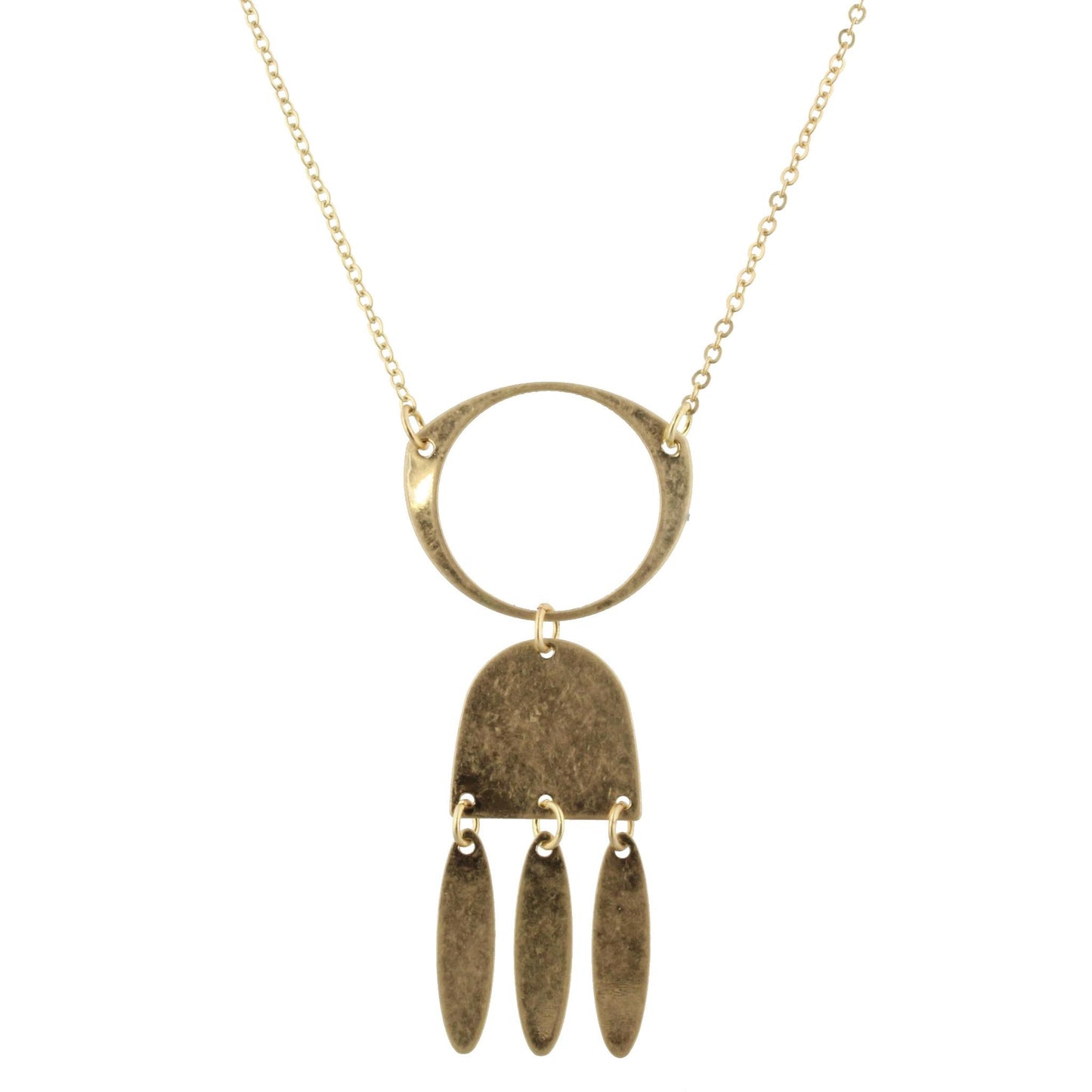 32" Gold Chain Necklace with Gold Open Circular Shape, Rounded Square, Spear Fringe, 3" Ext