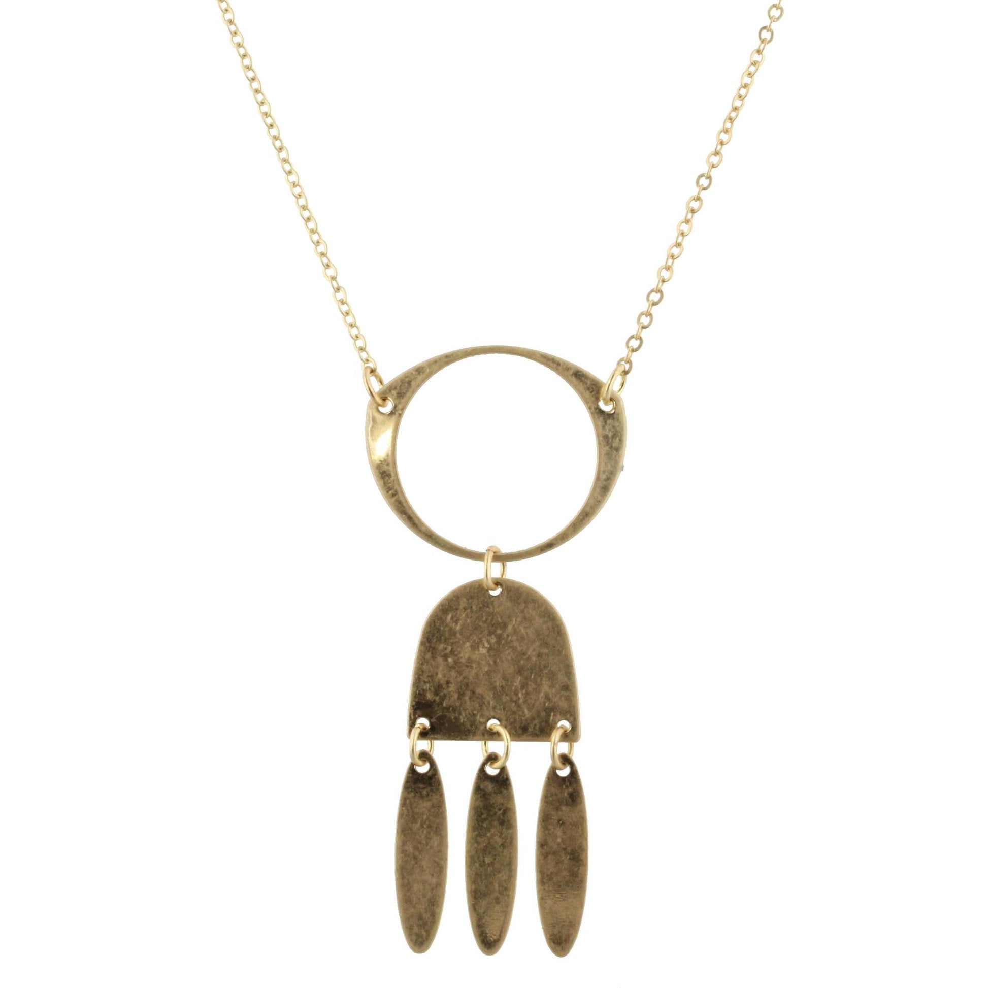 32" Gold Chain Necklace with Gold Open Circular Shape, Rounded Square, Spear Fringe, 3" Ext
