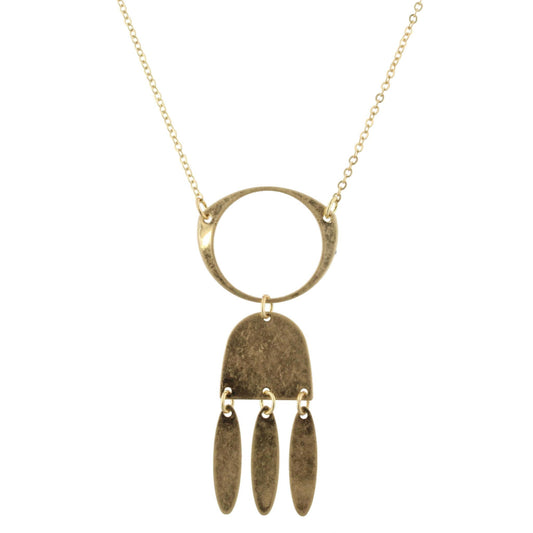 32" Gold Chain Necklace with Gold Open Circular Shape, Rounded Square, Spear Fringe, 3" Ext