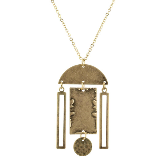 32" Gold Chain Necklace with Gold Half Circle with 2 Open Rectangles and Rectangle with Hanging Disk, 3" Ext