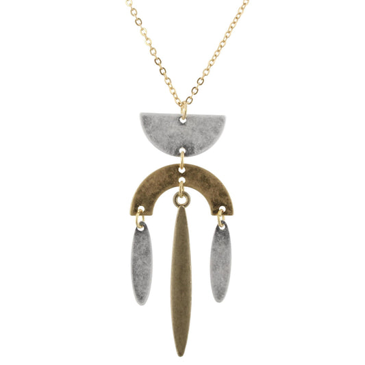 32" Gold Chain Necklace with Silver Half Circle, Gold Upside Down U with Long Oval Drops, 3" Ext
