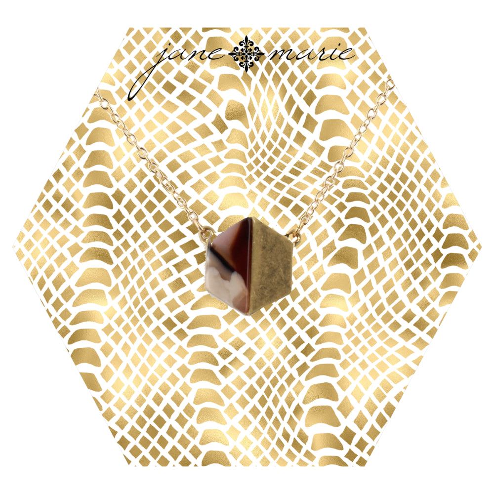 16" Gold Chain Necklace with Hexagon Multi Brown Resin, 3" Ext