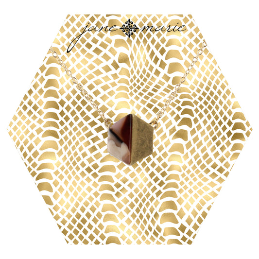 16" Gold Chain Necklace with Hexagon Multi Brown Resin, 3" Ext