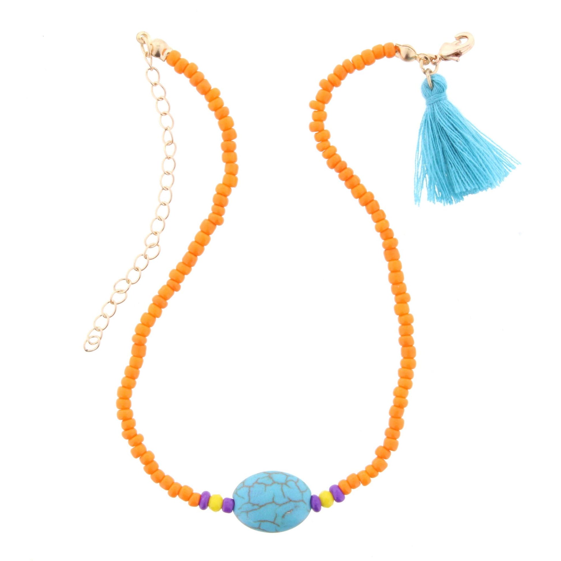 Kids Orange Beaded Necklace with Blue Stone and Blue Tassel