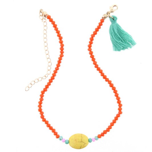 Kids Orange Beaded Necklace with Yellow Tone and Teal Tassel