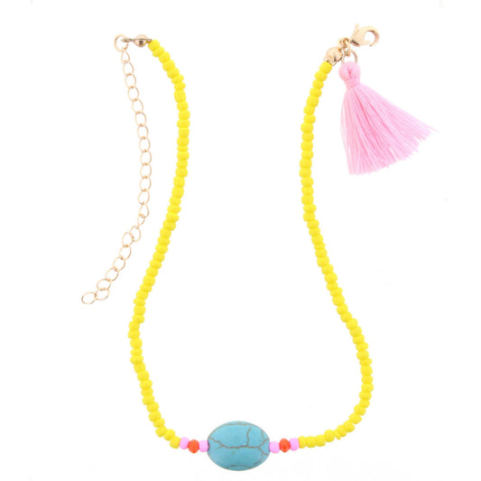 Kids Yellow Beaded Necklace with Blue Stone and Pink Tassel