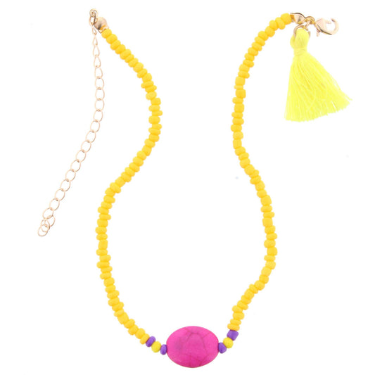 Kids Yellow Beaded Necklace with Pink Stone and Yellow Tassel