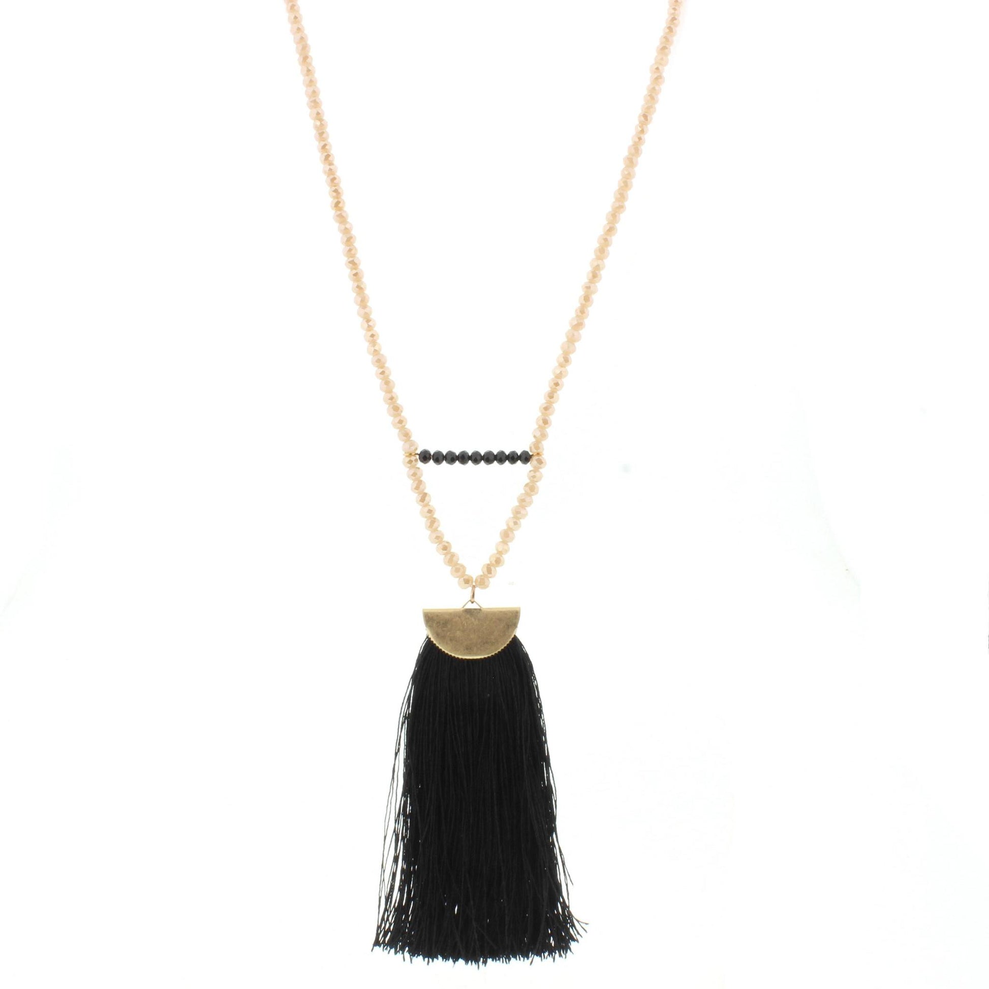 32" Champagne Beaded Necklace with Jet Bar and Jet Flat Tassel, 3" Ext