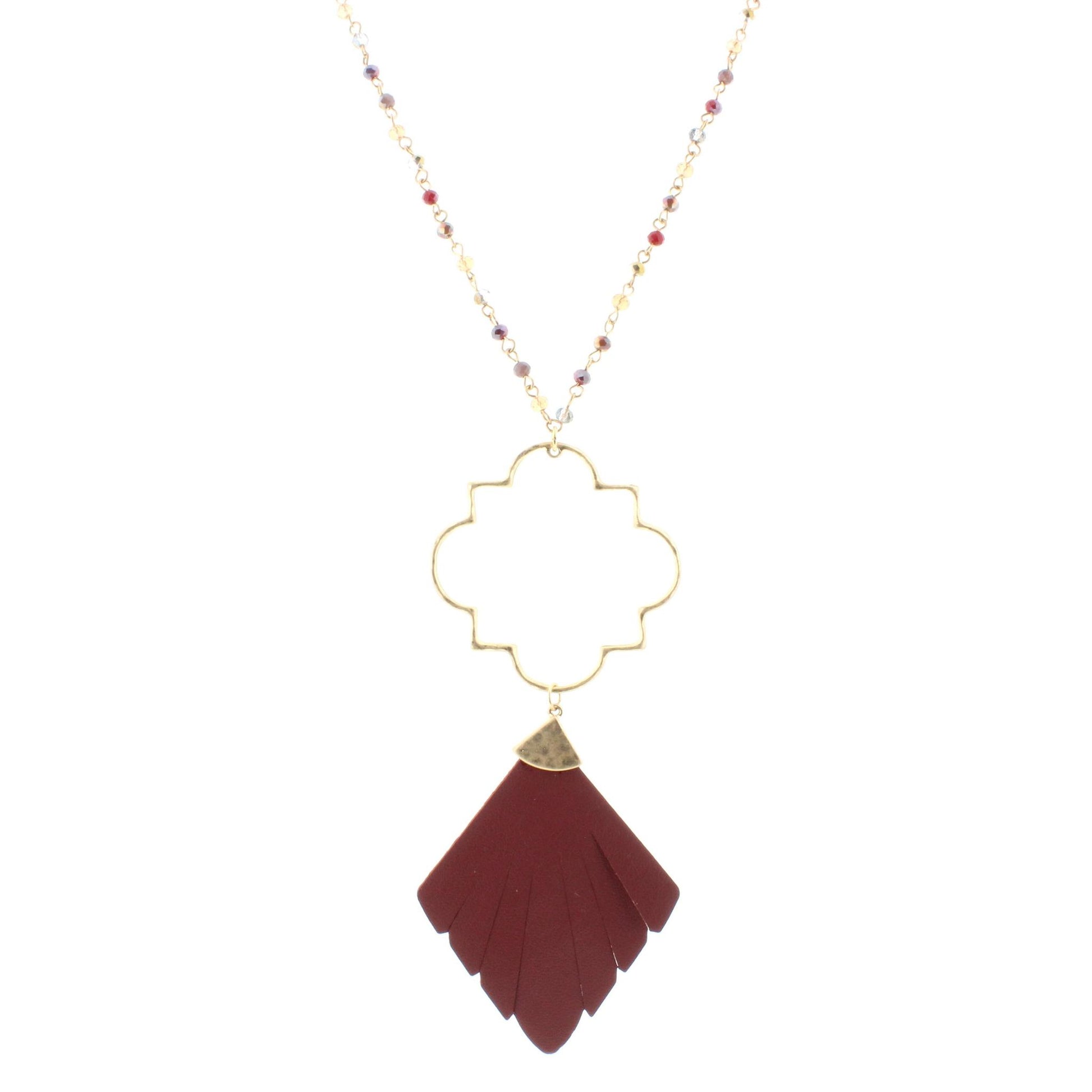 32" Multi Linked Necklace with Ornate and Maroon Leather Pendant, 3" Ext