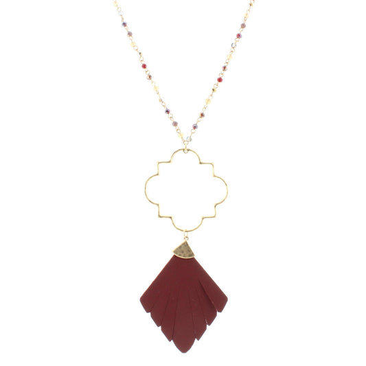 32" Multi Linked Necklace with Ornate and Maroon Leather Pendant, 3" Ext