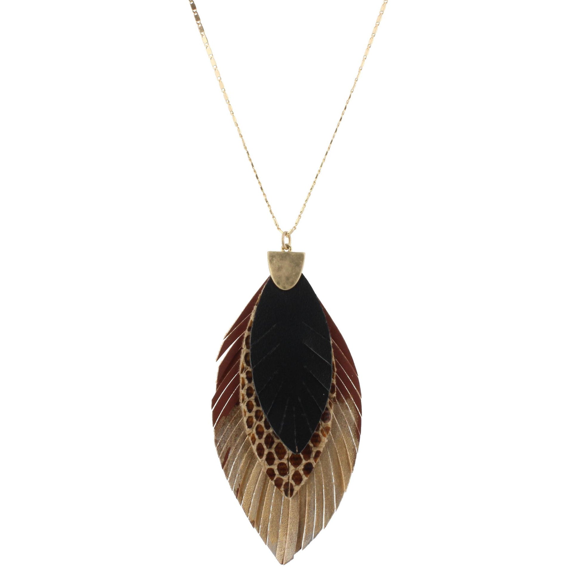 32" Gold Chain Necklace with Jet, Brown Snakeskin, Brown with Gold Brushing Layered Leather Pendant, 3" Ext