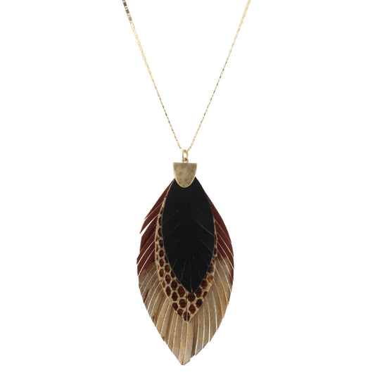 32" Gold Chain Necklace with Jet, Brown Snakeskin, Brown with Gold Brushing Layered Leather Pendant, 3" Ext