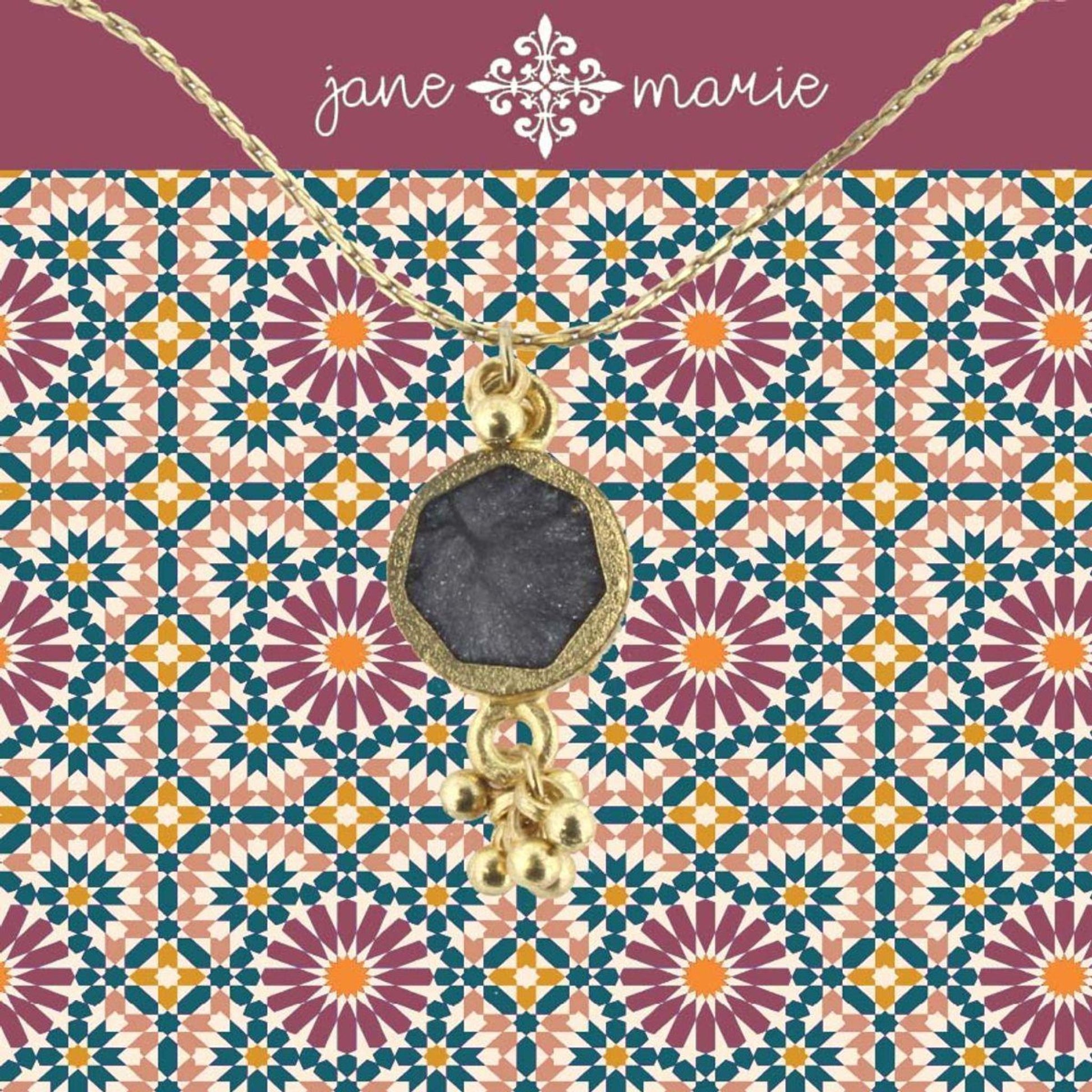 16" Silver Grey Sun Stone Necklace with Gold Dangles, 3" Ext