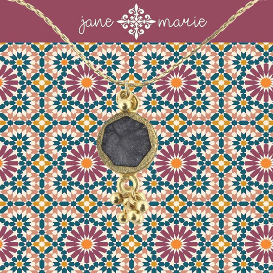 16" Silver Grey Sun Stone Necklace with Gold Dangles, 3" Ext