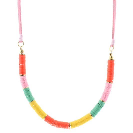 14" Kids Orange, Pink, Teal, Yellow Sequin Necklace with Light Pink Cord, 3" Ext