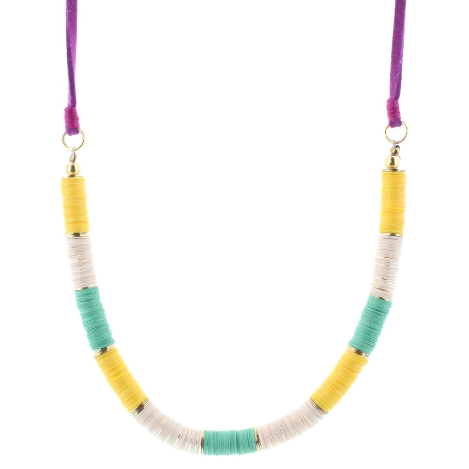 14" Kids Yellow, Teal, Cream Sequin Necklace with Purple Cord, 3" Ext