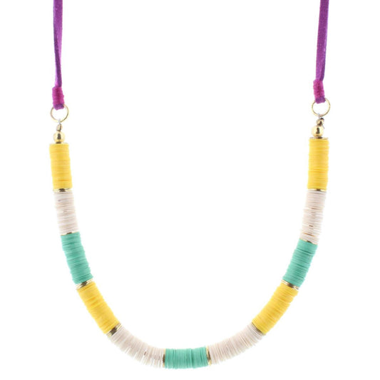 14" Kids Yellow, Teal, Cream Sequin Necklace with Purple Cord, 3" Ext