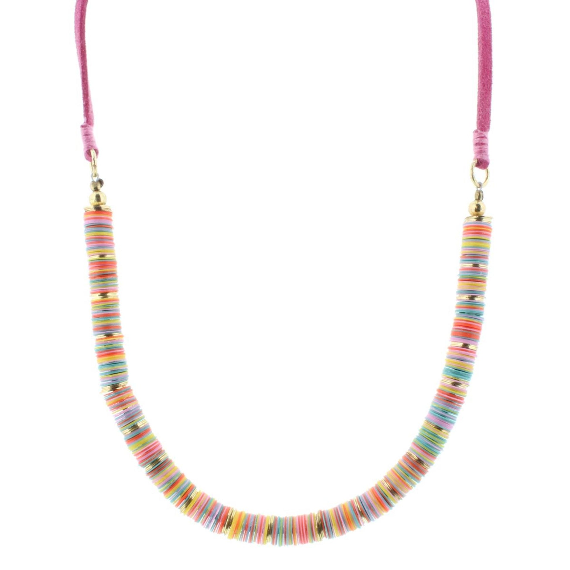 14" Kids Mixed Orange, Yellow, Light Pink, Lavender Sequin Necklace with Pink Cord, 3 Ext