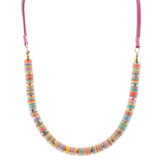 14" Kids Mixed Orange, Yellow, Light Pink, Lavender Sequin Necklace with Pink Cord, 3 Ext