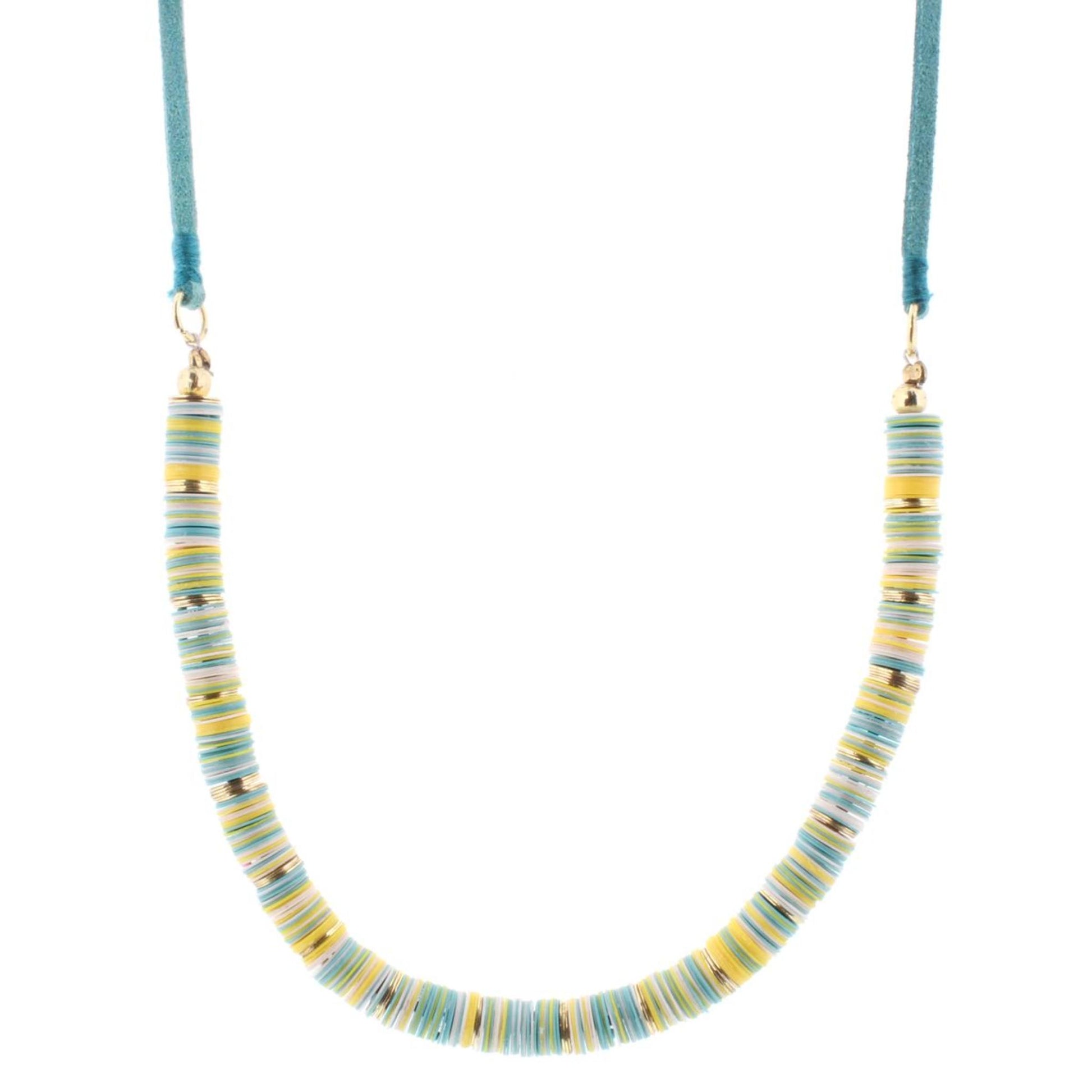 14" Kids Mixed Yellow, Turquoise, White Sequin Necklace with Teal Cord, 3" Ext