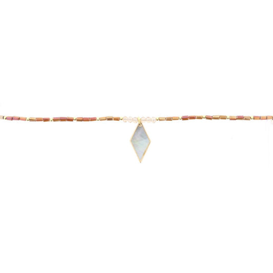16" Brown Beaded Necklace with Shell Diamond, 3" Ext