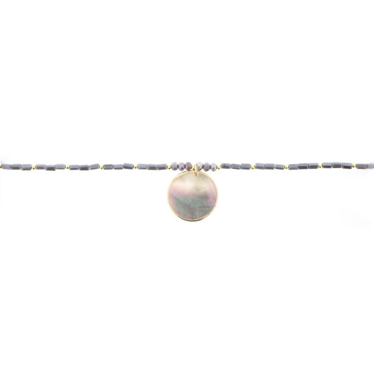 16" Grey Beaded Necklace with Shell Circle, 3" Ext
