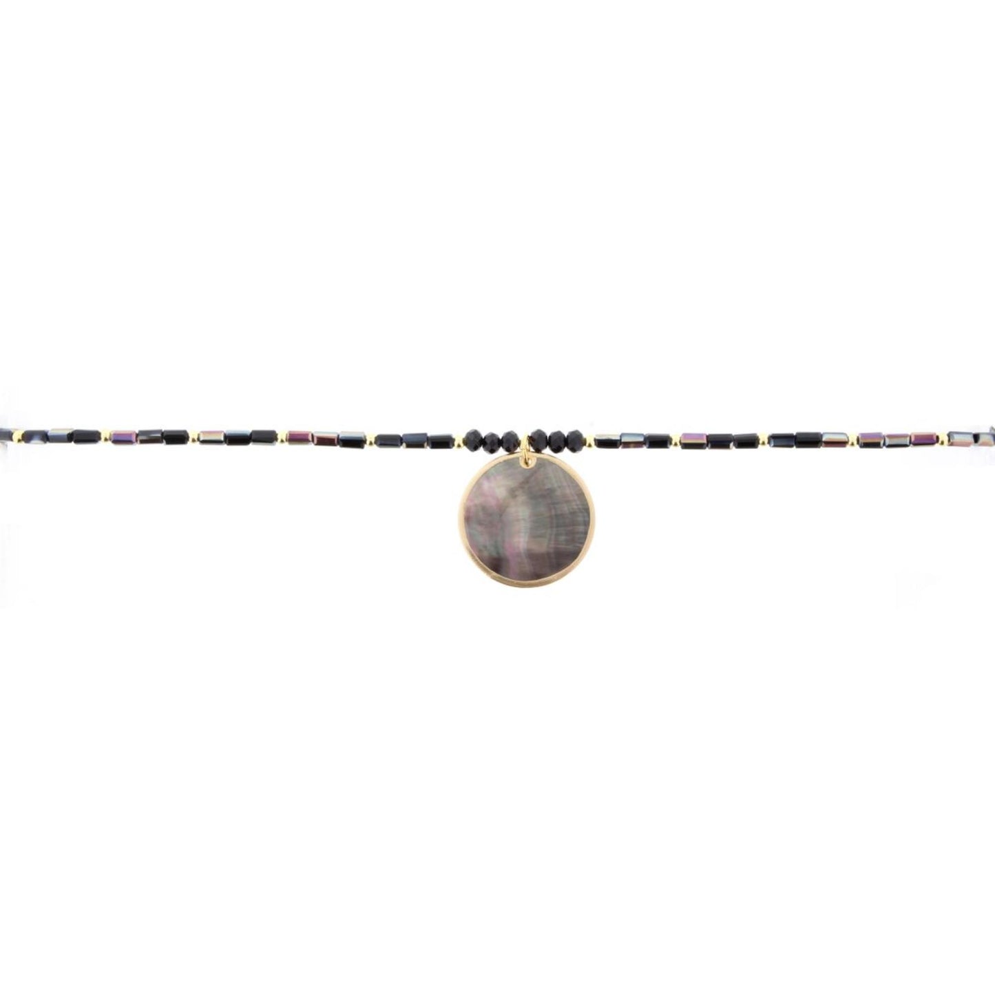16" AB Jet Beaded Necklace with Shell Circle, 3" Ext