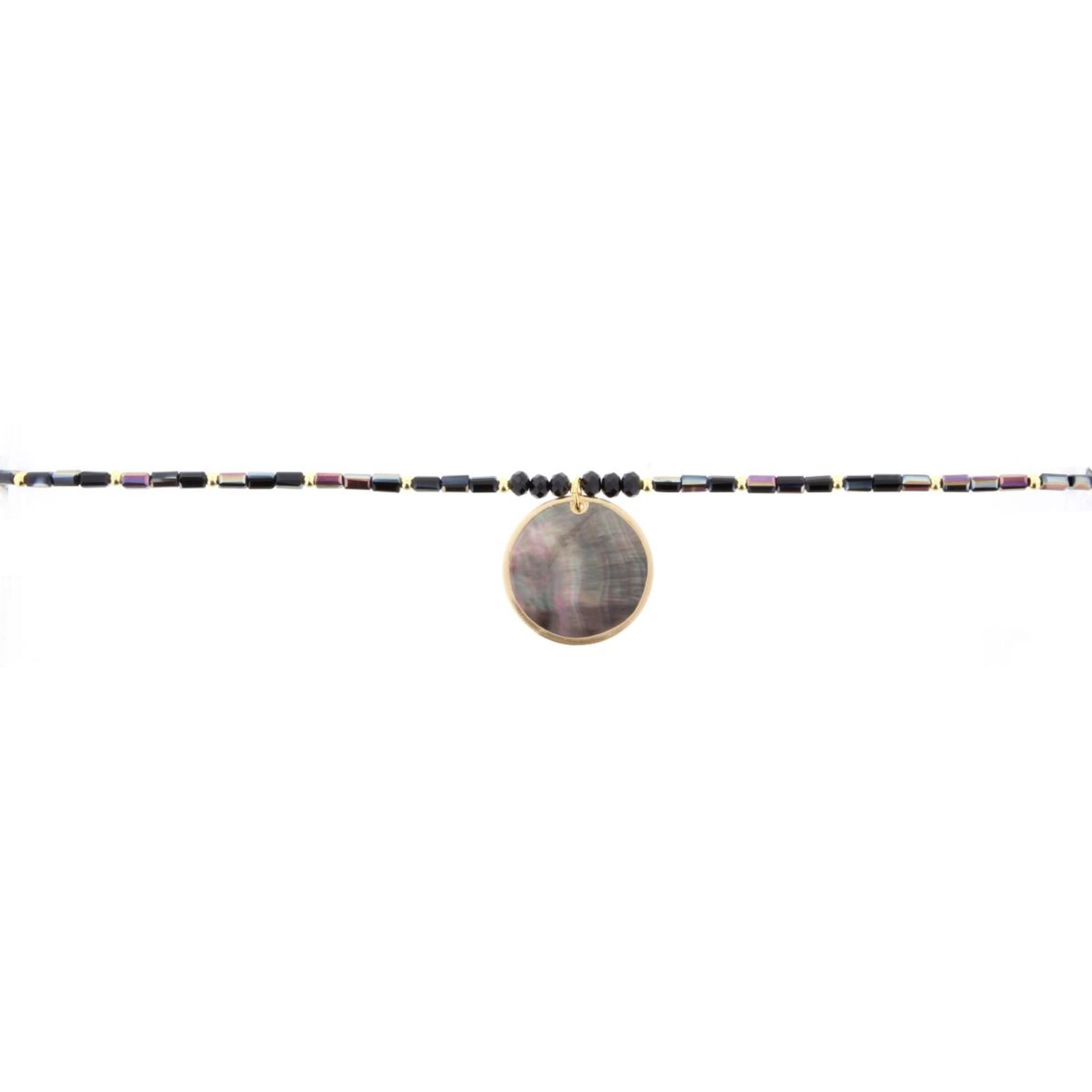 16" AB Jet Beaded Necklace with Shell Circle, 3" Ext
