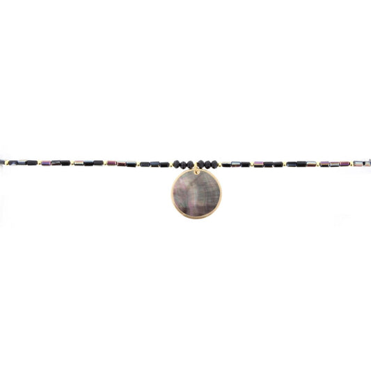 16" AB Jet Beaded Necklace with Shell Circle, 3" Ext