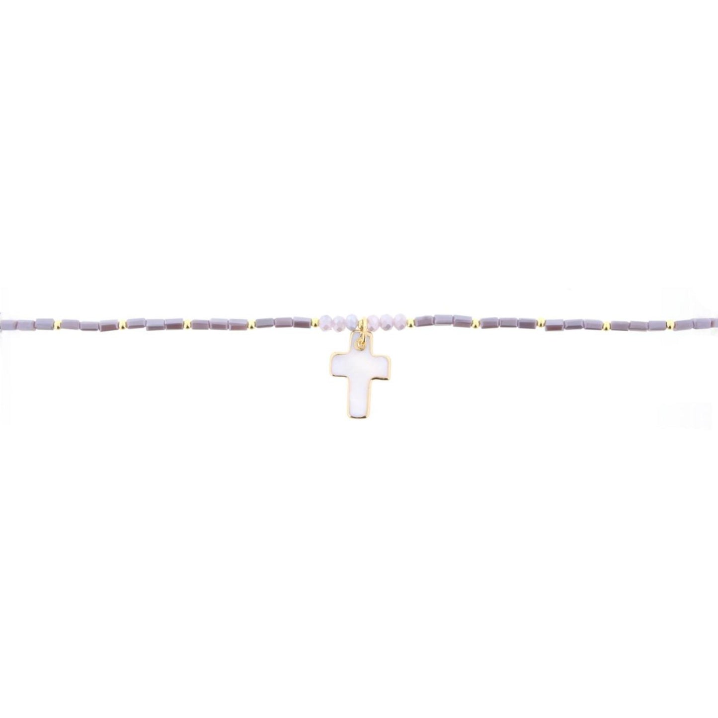 16" Lavender Beaded Necklace with Shell Cross, 3" Ext