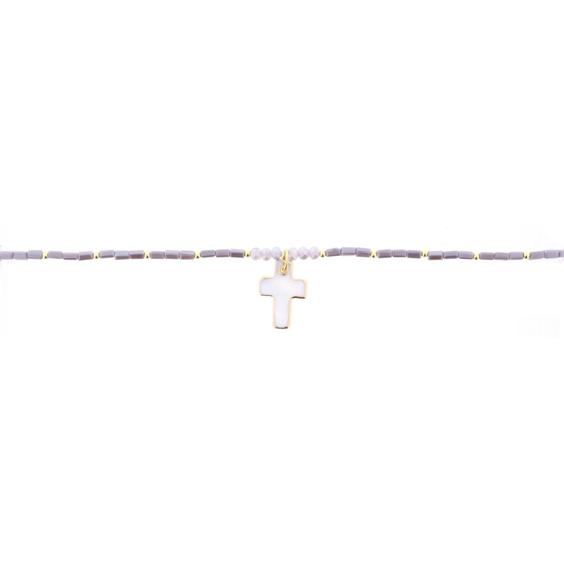 16" Lavender Beaded Necklace with Shell Cross, 3" Ext